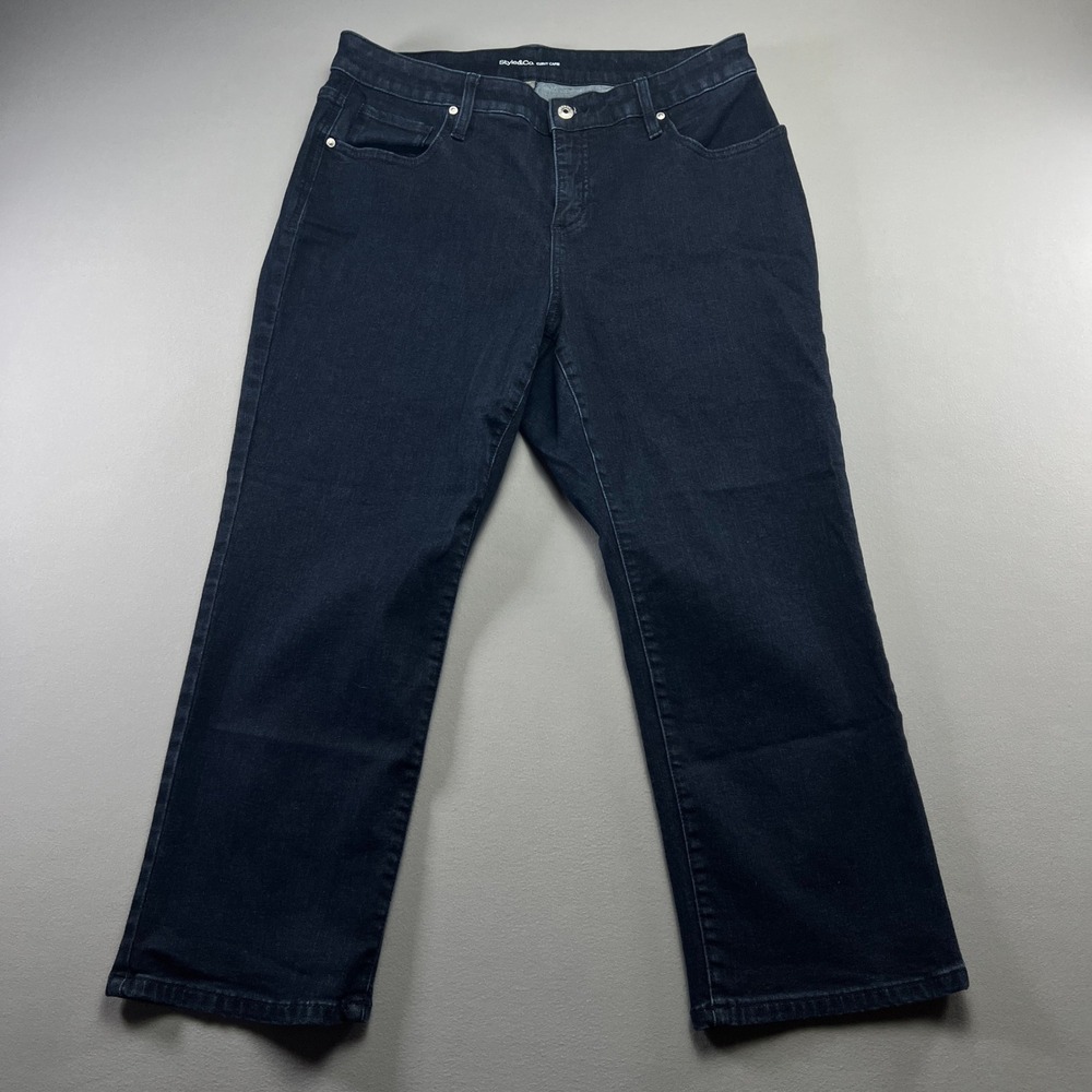 Style & Co Curvy Capri Cropped Jeans Womens 14W Blue Denim Stretch Dark Wash